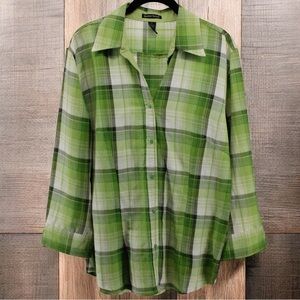 Sherry Taylor Green and White Plaid Button up Top Size L Outdoors Hiking Summer